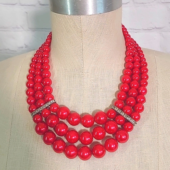 Kosmos Costume Jewelry Cranberry Blood Red Faux Pearl Three Strand Rhinestone - Picture 11 of 17